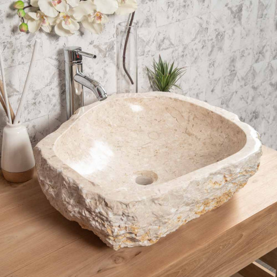 Grande vasque de salle de bain à poser Roc en marbre crème 45-55 cm