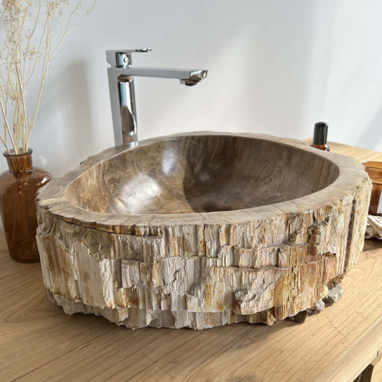 Grande vasque salle de bain en bois pétrifié fossilisé marron