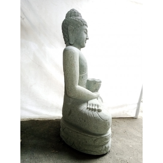 Statue bouddha assis en pierre volcanique bol à offrande 120 cm