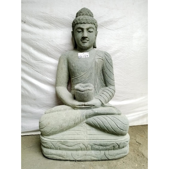 Statue bouddha assis en pierre volcanique bol à offrande 120 cm