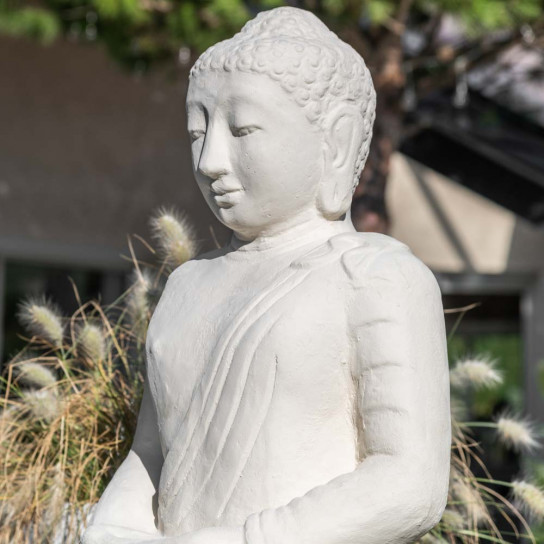 Statue jardin bouddha assis en fibre de verre position offrande 105 cm blanc
