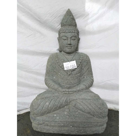 Statue jardin exterieur bouddha assis pierre volcanique collier 80 cm