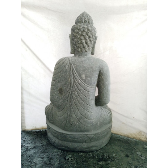 Statue jardin zen bouddha assis pierre volcanique bol à offrande 120cm