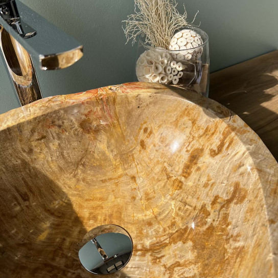 Vasque de salle de bain à poser en bois pétrifié fossilisé intérieur marron 40 cm
