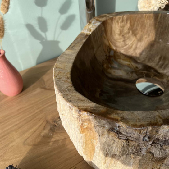 Vasque de salle de bain à poser en bois pétrifié fossilisé intérieur poli 40 cm