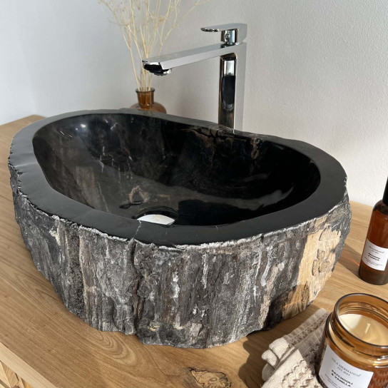 Vasque de salle de bain à poser en bois pétrifié fossilisé noir