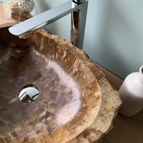 Vasque de salle de bain en bois pétrifié fossilisé marron beige 50cm