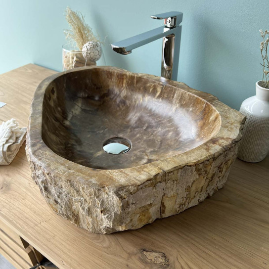 Vasque de salle de bain en bois pétrifié fossilisé marron beige 50cm